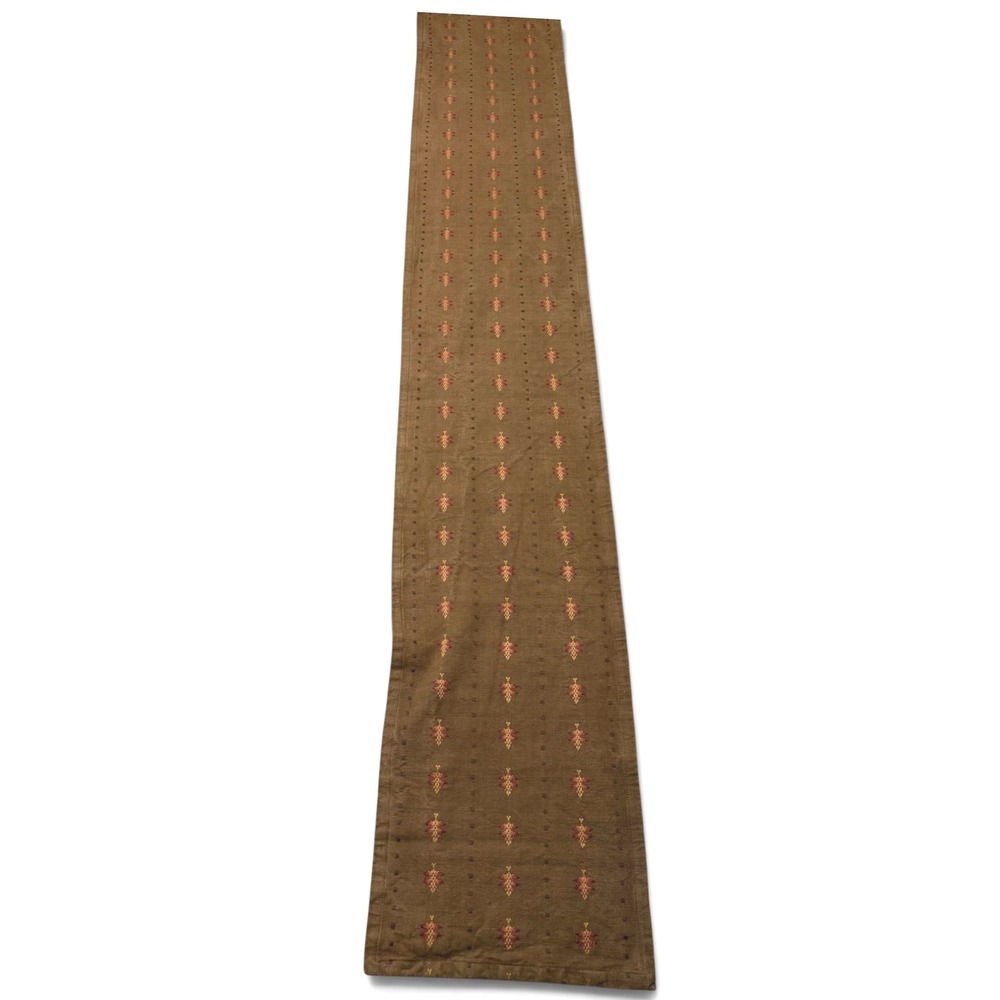 Brown Woven Table Runner 84x14 Autumn Harvest Embroidered Leaf Pattern Rustic
